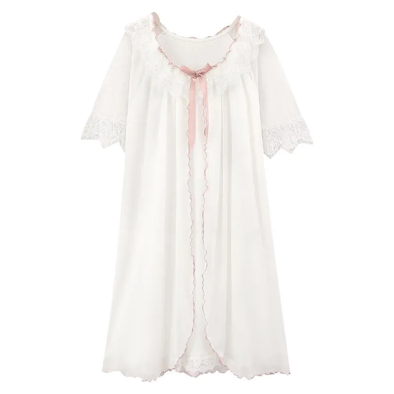 Apricot Bear Embroidery Bowknot Nightdress