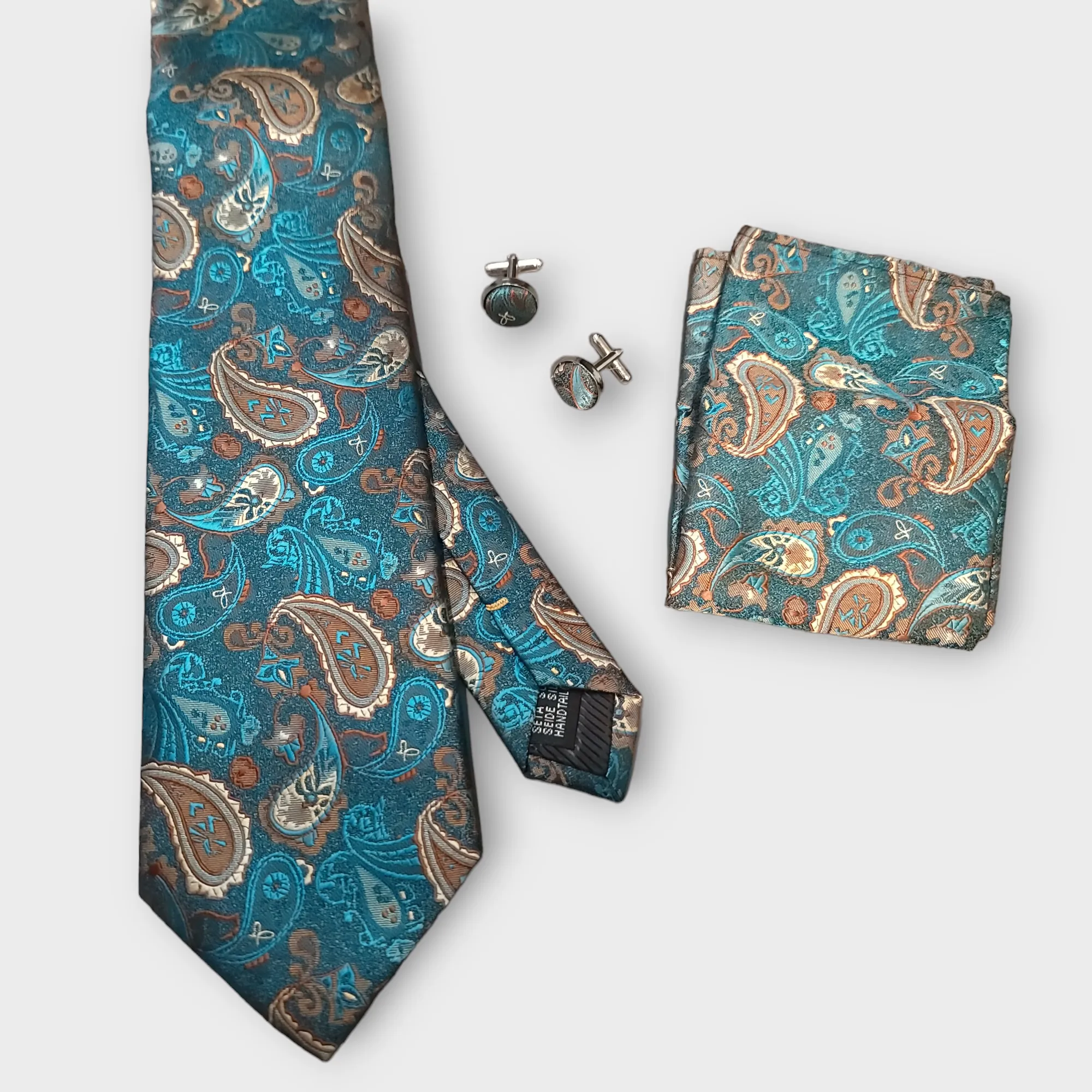 Classic Pocket Square Tie Green Brown Paisley 3.4" Silk