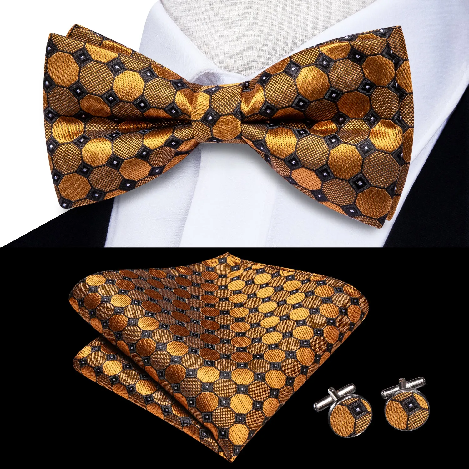 Hi-Tie Golden Polka Dot Pre-tied Bow Tie Hanky Cufflinks Set