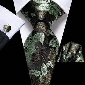 Hi-Tie Necktie Black Green Floral Men Tie Pocket Square Cufflinks Set