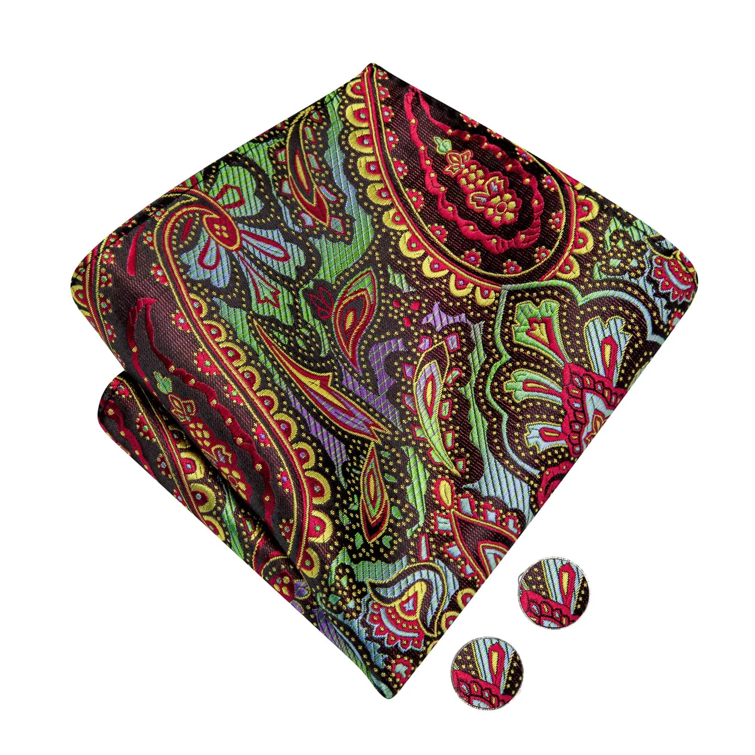 Hi-Tie Rainbow Colorful Paisley Men's Silk Bow Tie Hanky Cufflinks Set
