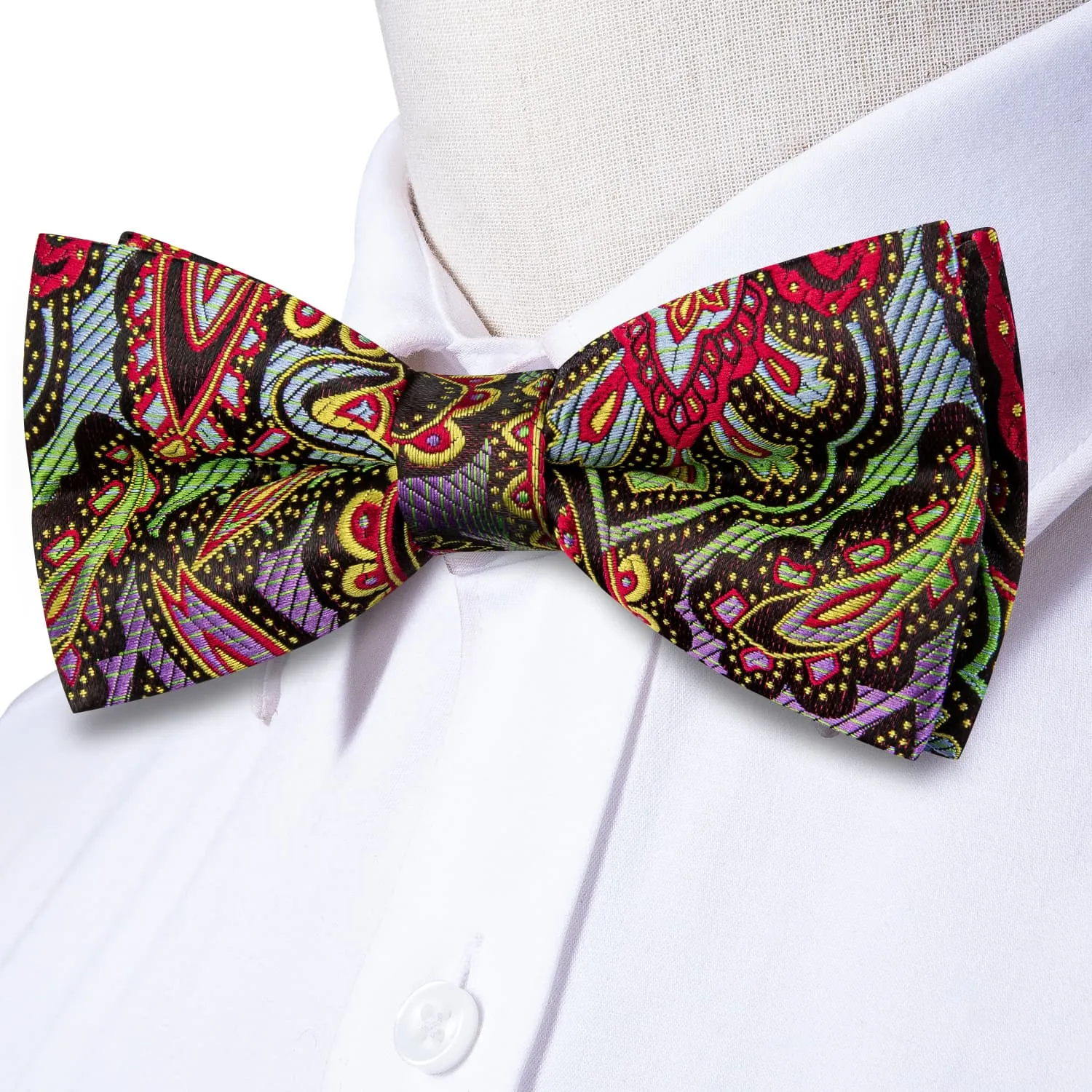 Hi-Tie Rainbow Colorful Paisley Men's Silk Bow Tie Hanky Cufflinks Set