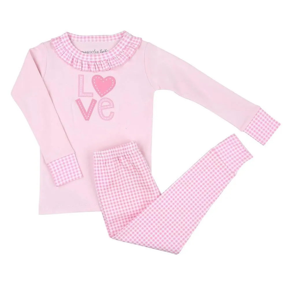 Magnolia Baby Girls Pink Love Valentine Heart Applique Long Pajamas