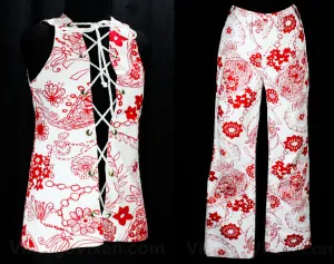 Size 10 Girl's Vest & Pant Set - 1960s Childs Hippie Vest with Laced Front - Matching Pants - Girls Red White Paisley 60s 70s Lace Up Tunic