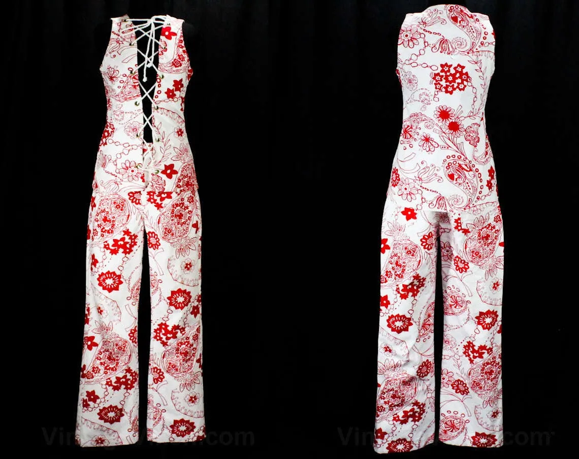 Size 10 Girl's Vest & Pant Set - 1960s Childs Hippie Vest with Laced Front - Matching Pants - Girls Red White Paisley 60s 70s Lace Up Tunic