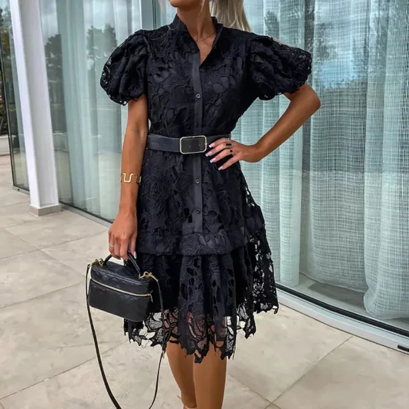 UAKISS  -  Stand Collar Loungewear Solid Cardigan Dress, Summer Women Short Puff Sleeve Party Dress, 2024 New Loose Fit Simple Ladies Dress