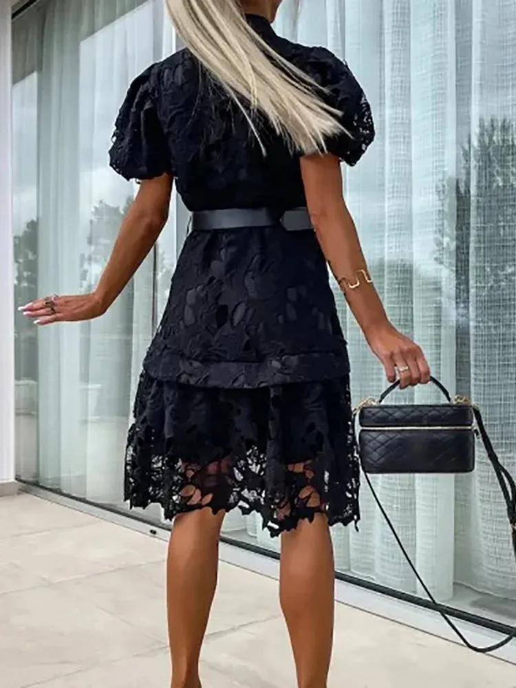 UAKISS  -  Stand Collar Loungewear Solid Cardigan Dress, Summer Women Short Puff Sleeve Party Dress, 2024 New Loose Fit Simple Ladies Dress