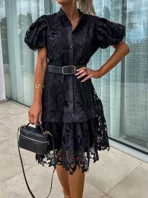 UAKISS  -  Stand Collar Loungewear Solid Cardigan Dress, Summer Women Short Puff Sleeve Party Dress, 2024 New Loose Fit Simple Ladies Dress