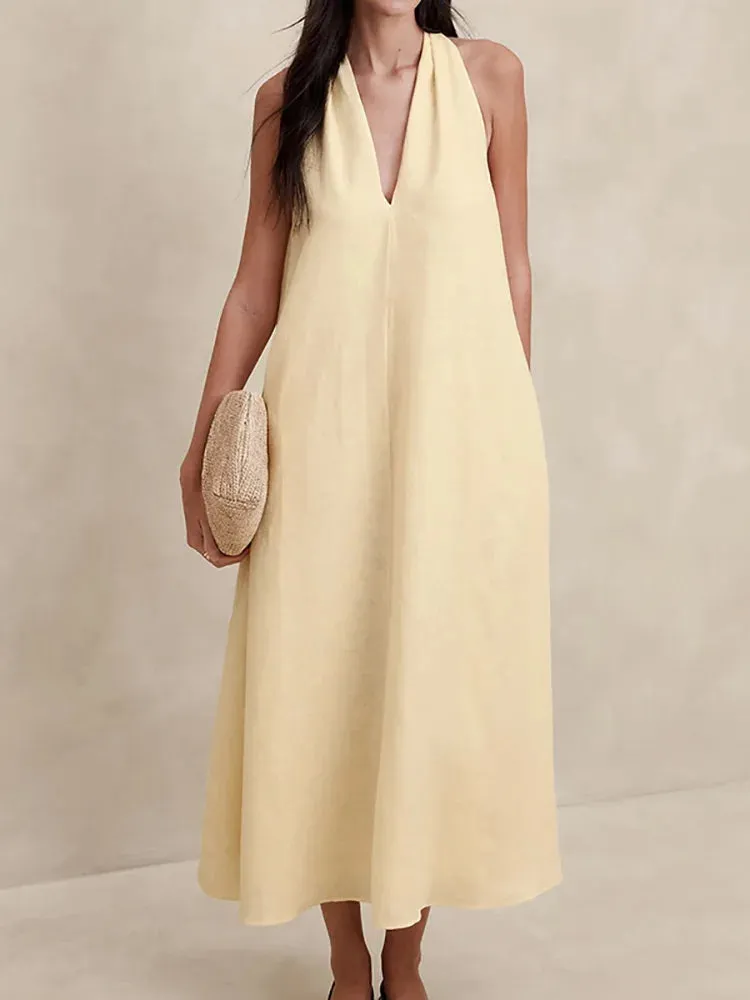 UAKISS  -  Women Loose Fit Deep V-Neck Party Dress, Summer Simple Loungewear Yellow Color Maxi Dress, New Sleeveless Patchwork Ladies Dress