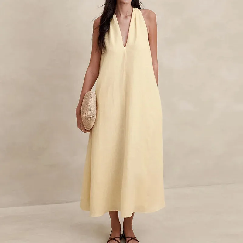 UAKISS  -  Women Loose Fit Deep V-Neck Party Dress, Summer Simple Loungewear Yellow Color Maxi Dress, New Sleeveless Patchwork Ladies Dress