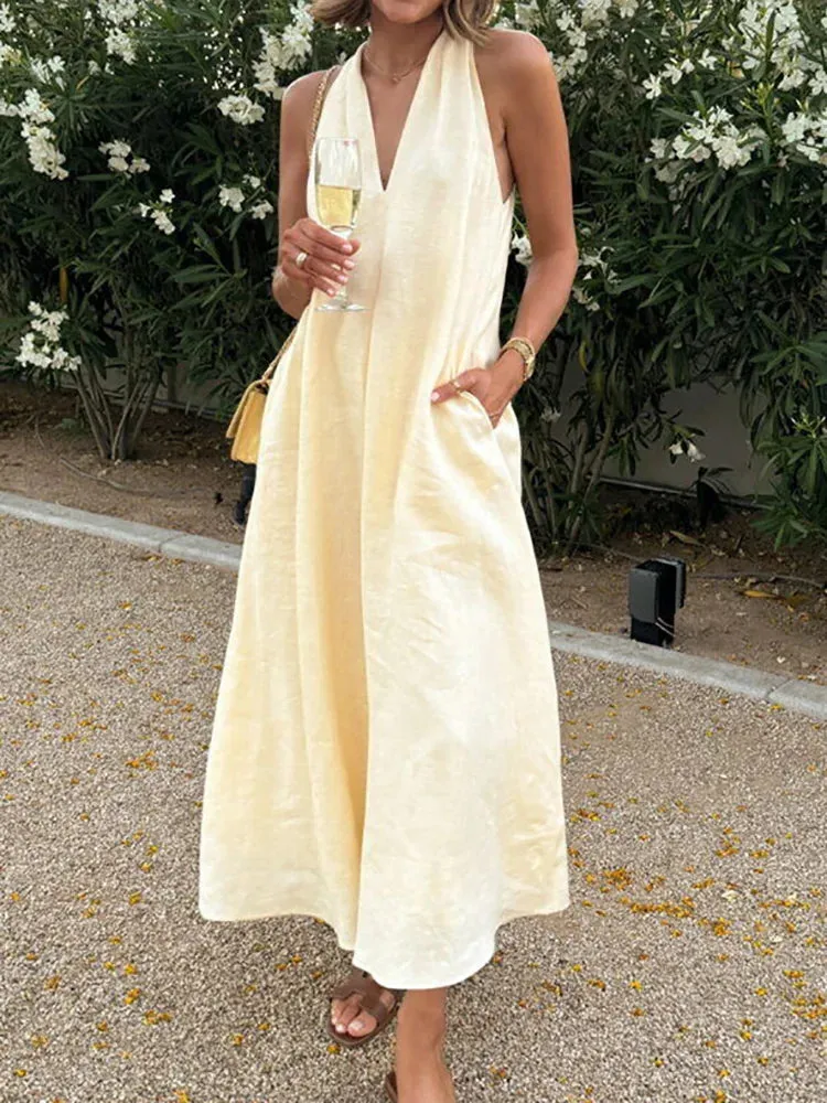 UAKISS  -  Women Loose Fit Deep V-Neck Party Dress, Summer Simple Loungewear Yellow Color Maxi Dress, New Sleeveless Patchwork Ladies Dress