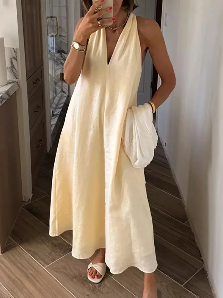 UAKISS  -  Women Loose Fit Deep V-Neck Party Dress, Summer Simple Loungewear Yellow Color Maxi Dress, New Sleeveless Patchwork Ladies Dress